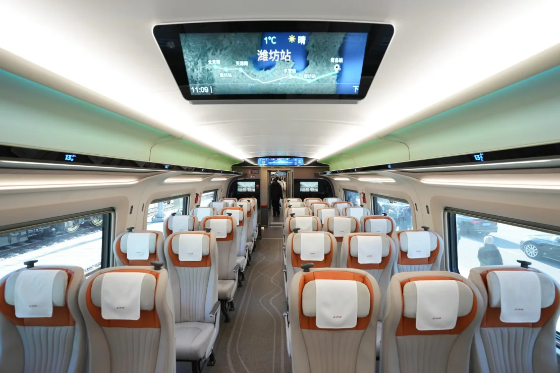 An interior view of the economy class car on the CR450AF bullet train